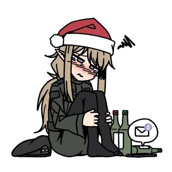 black_leggings bottle brown_hair cellphone commentary crying crying_with_eyes_open elf english_commentary fetal_position fur-trimmed_headwear fur_trim han_luna hat karepack leggings long_hair military_uniform notification original phone pointy_ears pom_pom_(clothes) santa_hat sidelocks simple_background tears unworn_headwear white_background