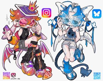 Rule 34 | 2others, ahoge, amatou akuma, androgynous, animal ears, belt, belted leg warmers, black leg warmers, black shirt, blue-tinted eyewear, blue belt, blue hair, blue leg warmers, blue ribbon, bluesky, bluesky logo, bug, butterfly, cellphone, colored eyelashes, colored inner hair, crown, cyber fashion, demon tail, demon wings, extra ears, fashion, feathered wings, full body, gradient hair, grey shorts, hair between eyes, halo, highres, holding, holding phone, insect, instagram, instagram logo, jacket, jewelry, leg warmers, looking at viewer, low wings, multicolored hair, multiple others, necklace, open clothes, open jacket, orange hair, orange jacket, original, other focus, personification, phone, purple hair, qr code, rabbit ears, rectangular halo, ribbon, ringed eyes, shirt, shoes, short hair, shorts, simple background, sleeveless, sleeveless shirt, sneakers, sparkle, standing, standing on one leg, streetwear, sunglasses, tail, thick eyelashes, tinted eyewear, tongue, tongue out, white background, white eyelashes, white hair, white shoes, white shorts, wings, zipper