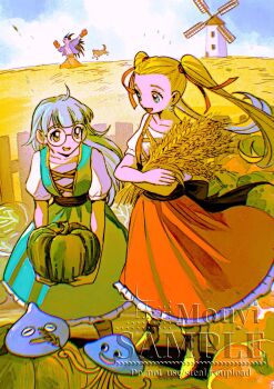 1boy 2girls ahoge antenna_hair artist_name black_hair blue_eyes blue_jacket blunt_bangs brown_eyes chako_(dqb2) commentary dog dragon_quest dragon_quest_builders_2 dress earrings female_builder_(dqb2) glasses green_dress hair_ribbon healslime highres hoop_earrings jacket jewelry long_hair looking_at_another low_ponytail mouyi multiple_girls open_mouth orange_dress outdoors pants pinafore_dress ponytail puffy_short_sleeves puffy_sleeves pumpkin red_pants red_ribbon ribbon round_eyewear running sample_watermark shirt short_sleeves sidoh_(dqb2) sleeveless sleeveless_dress slime_(dragon_quest) smile symbol-only_commentary twintails watermark wheat white_shirt windmill