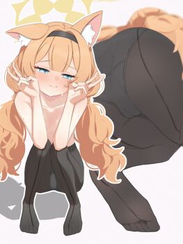 1girl absurdres animal_ear_fluff animal_ears ass black_headband black_pantyhose blue_archive blush commentary_request double_v embarrassed fluffy_hair from_below full_body headband highres long_hair looking_to_the_side low_twintails mari_(blue_archive) mari_(idol)_(blue_archive) multiple_views no_shoes nude orange_hair panties panties_under_pantyhose pantyhose squatting sweat take_mawile twintails underwear underwear_only v