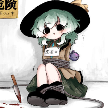 1girl black_eyes black_hat black_shoes blood blush commentary_request contrast_collar full_body green_hair hair_between_eyes hat hat_ribbon heripantomorrow knife komeiji_koishi long_sleeves looking_at_viewer parted_lips restrained ribbon rope shirt shoes sitting solo third_eye touhou translation_request wide_sleeves yellow_ribbon yellow_shirt