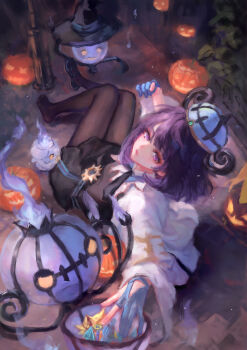 1girl absurdres black_ribbon blue_fire blue_gloves chandelure commentary dress evolutionary_line eyelashes fire gen_5_pokemon gloves gwynn_(pokemon) hat highres hjwhuhu jack-o&#039;-lantern jacket lampent litwick long_hair looking_up neck_ribbon nintendo pantyhose partially_fingerless_gloves pokemon pokemon_(creature) pokemon_legends:_z-a purple_eyes purple_hair ribbon sitting white_jacket