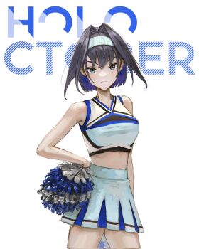 1girl blue_eyes cheerleader closed_mouth earrings english_text hand_on_own_hip highres hololive hololive_english jewelry looking_at_viewer ouro_kronii pom_pom_(cheerleading) short_hair skirt tablicoart