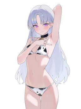 1girl absurdres animal_print armpits ayatsuno_yuni bell bikini blush breasts closed_mouth commentary cow_print cow_print_bikini cowbell highres looking_at_viewer navel nbee_ya neck_bell presenting_own_armpit print_bikini purple_eyes simple_background small_breasts smile stellive swimsuit thigh_gap untranslatable_commentary virtual_youtuber white_background