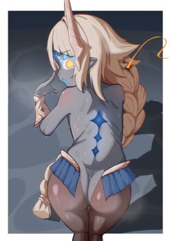 1girl absurdres ass back bare_shoulders black_pantyhose blonde_hair braid butt_crack colored_skin empat_sifar from_above from_behind glowing glowing_eyes gold_bracer grey_skin highres horns loli long_hair looking_at_viewer open_mouth pantyhose pointy_ears ribs shoulder_blades slay_the_spire slay_the_spire_2 smile solo the_regent_(slay_the_spire) thigh_gap very_long_hair yellow_eyes