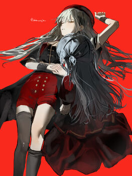 2girls absurdres bang_dream! bang_dream!_it's_mygo!!!!! beret black_skirt black_thighhighs blue_hair commentary_request green_hair hat highres holding_hands indoors long_hair long_sleeves mortis_(bang_dream!) mortis_(costume)_(bang_dream!) multiple_girls oblivionis_(bang_dream!) open_mouth red_eyes red_hat red_shirt red_shorts shenwanjia shirt shorts simple_background skirt thighhighs thighhighs_pull togawa_sakiko wakaba_mutsumi yellow_eyes yuri