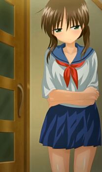 1girl absurdres anime_screenshot blush brown_hair green_eyes highres in_the_room oyasumi_sex school_uniform serafuku short_hair skirt solo standing stitched third-party_edit tsukioka_yui twintails