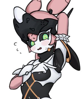 Rule 34 | 1girl, absurdres, aria (zenless zone zero), arm garter, arm up, armpits, arutemisu180, black sclera, blush, breasts, colored sclera, commentary, english commentary, flying sweatdrops, green eyes, highres, humanoid robot, presenting armpit, robot, robot girl, simple background, small breasts, solo, sweatdrop, upper body, white background, zenless zone zero