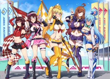 Rule 34 | 5girls, ahoge, aqua (konosuba), belt, black belt, black gloves, blonde hair, blue eyes, blue hair, blue sky, blush, boots, bottle, breasts, brown hair, commentary, darkness (konosuba), day, drunk, english commentary, evil grin, evil smile, flag, full body, gloves, grin, hair between eyes, hair over one eye, hat, high heel boots, high heels, holding, holding bottle, holding flag, holding umbrella, kono subarashii sekai ni shukufuku wo!, large breasts, lindaroze, long hair, long sleeves, looking at viewer, megumin, multiple girls, navel, open mouth, outdoors, pink skirt, race flag, race queen, shaded face, skirt, sky, small breasts, smile, standing, standing on one leg, thigh boots, thighs, umbrella, v, wiz (konosuba), yellow boots, yellow hat, yellow skirt, yunyun (konosuba)