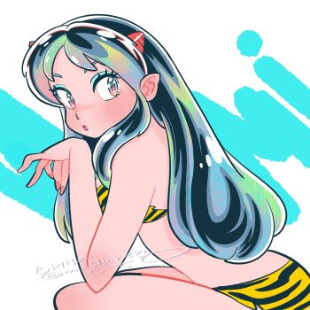 1girl animal_print bikini commentary_request cone_horns eyelashes from_side highres horns long_hair looking_at_viewer lum muda_rengou_to_ziggy_stardust pointy_ears print_bikini sidelocks signature solo swimsuit tiger_print urusei_yatsura