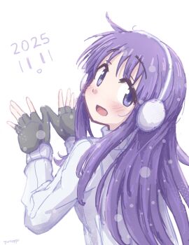 Rule 34 | 1girl, 2025, absurdres, artist name, back, black gloves, blush, earmuffs, fingerless gloves, gloves, hashtag-only commentary, highres, hinata yukari, long hair, purple eyes, purple hair, ribbed sweater, snowing, sweater, turning head, white background, white sweater, winter, yunoppi, yuyushiki