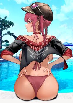 0843_tomi 1girl absurdres ass ass_focus backboob bare_shoulders baseball_cap bikini blush breasts butt_crack from_behind hat highres hololive houshou_marine huge_ass large_breasts long_hair pool poolside red_eyes red_hair sitting smile solo swimsuit thong thong_bikini twintails virtual_youtuber water
