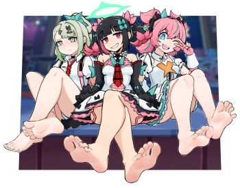 3girls :d aqua_bow aqua_hair aqua_nails aria_(zenless_zone_zero) armpit_crease asymmetrical_bangs bare_legs bare_shoulders barefoot black_hair blue_eyes blunt_bangs blurry blurry_background border bow breasts closed_mouth collared_shirt commentary crossed_ankles crossed_bangs crossed_legs detached_sleeves dress english_commentary fang feet fingerless_gloves foot_focus frilled_skirt frills full_body gloves green_hair green_halo hair_between_eyes hair_bow hair_ornament hairclip halo highres knees_up legs long_sleeves looking_at_viewer medium_breasts multicolored_hair multiple_girls nail_polish nangong_yu necktie one_eye_closed open_mouth panties pink_gloves pink_hair ponytail puffy_short_sleeves puffy_sleeves red_eyes red_nails red_necktie shirt short_dress short_sleeves sidelocks sitting skin_fang skirt small_breasts smile softhanten soles stage streaked_hair sunna_(zenless_zone_zero) toenail_polish toenails toes two_side_up underwear v white_border white_panties zenless_zone_zero