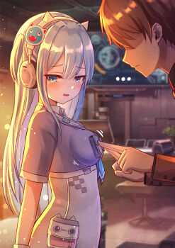 1boy 1girl absurdres blue_eyes blurry blurry_background blush breasts brown_hair chair closed_mouth commander_(nikke) commentary darkness dress english_commentary from_side goddess_of_victory:_nikke headphones highres indoors jimpu6 long_hair long_sleeves looking_away looking_to_the_side medium_breasts motion_lines no_eyes open_mouth plant poking potted_plant pouch profile shifty_(nikke) short_sleeves straight_hair