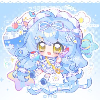 1girl ahoge blue_background blue_hair blue_shoes blush chibi chibi_only dress frilled_dress frills full_body grey_dress hair_between_eyes hair_ribbon highres holding holding_spoon long_hair long_sleeves open_mouth original ribbon shoes socks solo spoon watermark weibo_watermark white_socks yellow_eyes yikemaohetao