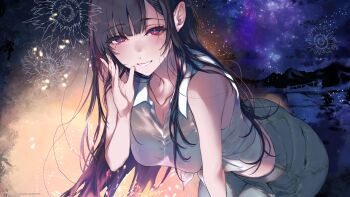 1girl ane_naru_mono bare_arms black_bra black_hair blue_pants blunt_bangs bra bra_visible_through_clothes breasts cleavage collarbone denim grin highres jeans leaning_forward looking_at_viewer medium_breasts mihama_chiyo milky_way mole mole_under_eye mountainous_horizon multicolored_hair night ocean pants pink_eyes pink_hair pochi_(pochi-goya) shirt sidelocks sky smile solo star_(sky) starry_sky two-tone_hair underwear white_shirt