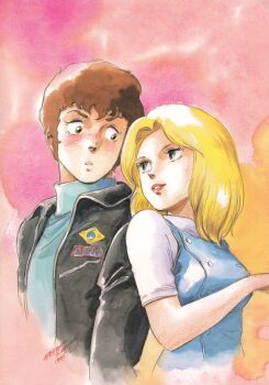 1980s_(style) 1985 1boy 1girl absurdres aeug amuro_ray artist_request beltorchika_irma blonde_hair blue_eyes blush brown_eyes brown_hair dated emblem gundam highres jacket kitazume_hiroyuki long_hair magazine_scan military_jacket official_art oldschool retro_artstyle scan science_fiction short_hair sideburns traditional_media zeta_gundam