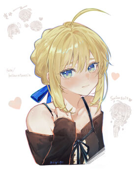 ... 2boys 2girls ahoge artoria_pendragon_(fate) blonde_hair blue_ribbon braid bun_with_braided_base chibi closed_mouth commentary copyright_name cropped_torso emiya_shirou fate/hollow_ataraxia fate/stay_night fate_(series) gilgamesh_(fate) heart highres looking_at_viewer medusa_(fate) multiple_boys multiple_girls multiple_views nigiri ribbon saber_(fate) sidelocks spoken_ellipsis spoken_heart symbol-only_commentary watermark