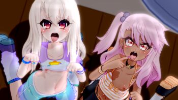 2girls 3d blush book bookshelf bra breasts chloe_von_einzbern choker clothes_lift curse_mark dark dark-skinned_female dark_skin fate/kaleid_liner_prisma_illya fate_(series) female_focus gs-mantis hair_ornament highleg highleg_panties highres illyasviel_von_einzbern indoors kneeling long_hair looking_at_viewer midriff multiple_girls nail_polish navel nipples open_mouth orange_eyes outline panties peace_symbol pink_hair red_eyes saliva shirt_lift shoes short_hair shorts skirt smile socks source_request standing stomach stomach_tattoo symbol-shaped_pupils tank_top tattoo teeth thighs tongue tongue_out twintails underwear upper_teeth_only uvula white_hair
