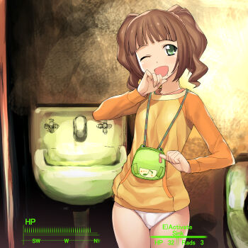 1girl a1_(initial-g) absurdres bag bathroom blush brown_hair drink fake_screenshot fallout fallout_3 female_focus flat_chest green_eyes handbag heads-up_display health_bar highres idolmaster idolmaster_(classic) laughing loli no_pants one_eye_closed panties parody poverty raglan_sleeves saliva short_hair sink solo takatsuki_yayoi toilet twintails underwear user_interface white_panties wink