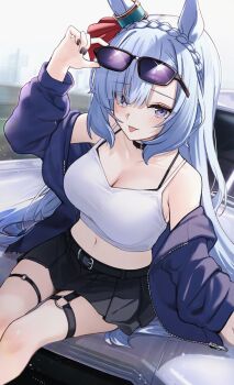 1girl adjusting_eyewear animal_ears bare_shoulders black_choker black_nails black_skirt blue_hair blue_jacket blush braid breasts car choker cleavage closed_mouth collarbone commentary_request crown_braid ear_ornament eyewear_on_head heart heart_o-ring highres horse_ears horse_girl horse_tail jacket large_breasts long_hair looking_at_viewer mejiro_ardan_(umamusume) motor_vehicle noa0319 o-ring open_clothes open_jacket purple_eyes skirt smile solo sunglasses tail tank_top tongue tongue_out umamusume white_tank_top