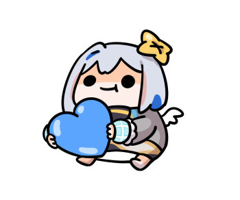 1girl :t amane_kanata amane_kanata_(1st_costume) angel angel_wings black_eyes bob_cut chibi colored_inner_hair commentary english_commentary grey_jacket halo heart highres hololive jacket keenbiscuit multicolored_hair short_hair solo streaked_hair virtual_graduation_commemoration virtual_youtuber white_background white_hair wings