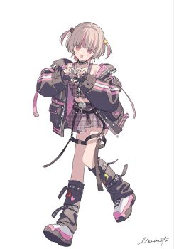 1girl arm_belt belt belt_buckle black_belt black_collar black_jacket black_leg_warmers black_straps blunt_bangs blush buckle chain chain_necklace collar collarbone colored_inner_hair crop_top cross-laced_clothes cross-laced_top ear_cuffs fingerless_gloves flame_print food_print four-finger_heart_hands fruit_print full_body gloves grey_hair hair_bobbles hair_intakes hair_ornament heart heart_hands heart_print highres jacket jewelry leg_belt leg_warmers lightning_bolt_print looking_at_viewer loose_belt makaino_ririmu makaino_ririmu_(6th_costume) midriff miniskirt moo_n_moko multicolored_hair multiple_belts navel necklace nijisanji no_headwear o-ring o-ring_thigh_strap open_clothes open_jacket open_mouth pendant pink_belt pink_hair pink_jacket pink_shoes pink_skirt pink_streaks plaid_clothes plaid_skirt pleated_skirt pointy_ears red_eyes shoes short_hair signature simple_background skirt sleeves_past_wrists smile solo spiked_collar spikes standing standing_on_one_leg star_(symbol) strawberry_print streaked_hair studded_belt thigh_strap two-sided_fabric two-sided_jacket two-tone_hair two_side_up unbuttoned unzipped virtual_youtuber white_background wolf_cut zipper_top