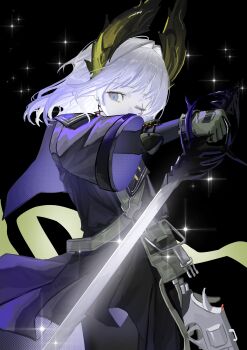 1girl absurdres arknights black_background black_dress black_pantyhose blue_eyes chinese_commentary commentary covered_mouth cowboy_shot dress earrings glint gloves gradient_hair green_gloves grey_hair hair_intakes halftone highres holding holding_sword holding_weapon irene_(arknights) irene_(the_adjudicatrix_and_her_resolve)_(arknights) jewelry layered_sleeves long_sleeves looking_at_viewer macha_bafei multicolored_hair official_alternate_costume one_eye_closed outstretched_arm pantyhose purple_hair red_pupils scar scar_across_eye scar_on_face short_over_long_sleeves short_sleeves solo sparkle standing sword two-tone_hair weapon