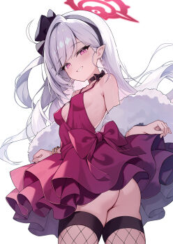 1girl ass black_hairband blue_archive commentary_request dress fishnet_thighhighs fishnets hairband halo highres long_hair mutsuki_(blue_archive) mutsuki_(dress)_(blue_archive) official_alternate_costume pinki_o64 red_dress red_halo simple_background sleeveless sleeveless_dress solo standing thighhighs white_background white_hair