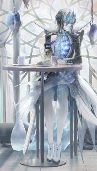 Rule 34 | 1boy, absurdres, ankle boots, black choker, black feathers, black hair, black jacket, blindfold mask, blue robe, blue shorts, blue wings, boots, caustics, chain, chair, choker, closed mouth, contrast lapels, cuff links, cup, curtains, disembodied wing, exposed bone, expressionless, feathered wings, feathers, fins, full body, glowing chest, gradient hair, grey hair, highres, hirejusu, holding, holding cup, hook, indoors, jacket, lapels, looking at viewer, male focus, mask, medium hair, mug, multicolored hair, on chair, original, pale skin, plate, ribs, robe, scale print, see-through curtains, shadow, shorts, sideways glance, sitting, solo, supportasse, surreal, table, turning head, white boots, window, wings, wooden floor, yellow eyes, yellow wings