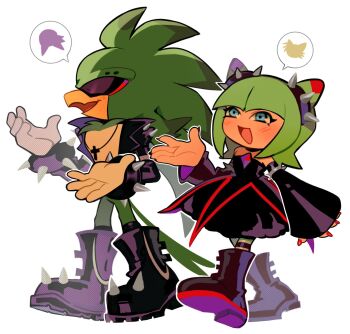 1boy 1girl :d alternate_costume beak bird_boy bird_tail black_boots black_dress black_eyeshadow black_jacket blue_eyes blush bob_cut boots closed_eyes commentary cosmo_(sonic) cross cross_necklace detached_sleeves dress english_commentary eyeshadow feathers fingernails full_body furry furry_male goth_fashion green_feathers green_hair hair_horns hand_up hands_up highres in-franchise_crossover jacket jet_the_hawk jewelry long_fingernails long_sleeves makeup necklace open_clothes open_jacket open_mouth outline red_nails screentones short_hair shoulder_spikes simple_background sleeves_past_wrists smile sonic_(series) sonic_x speech_bubble spiked_boots spiked_sleeves spikes spoken_character strapless strapless_dress tail tails_(sonic) talking theadamay1 thigh_strap wave_the_swallow white_background white_outline wide_sleeves