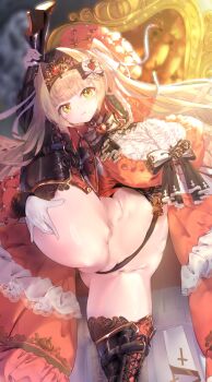 1girl absurdres airen1985 black_boots blonde_hair blouse boots bottomless bow bowtie breasts chest_bow gloves gluteal_fold green_eyes hair_bow hair_intakes hair_ornament hair_ribbon hand_on_own_thigh heart heart-shaped_gem highres holding_own_leg lace-up_boots large_breasts lock long_hair one_leg_raised original padlock partially_visible_vulva red_shirt ribbon ribbon_censor shirt solo split standing standing_on_one_leg standing_split thick_thighs thigh_boots thighs tiara twintails white_gloves white_ribbon