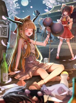 Rule 34 | 3girls, ascot, ball and chain restraint, blonde hair, blurry, blush, bottle, bow, bowtie, breasts, brown hair, brown horns, cherry blossoms, closed eyes, commentary request, depth of field, detached sleeves, falling petals, frilled bow, frilled hair tubes, frilled skirt, frills, full moon, gourd, hair bow, hair tubes, hakurei reimu, hat, hegata (hegatia lapis), highres, holding, holding gourd, horn ornament, horn ribbon, horns, ibuki suika, long hair, moon, multiple girls, night, oni, open mouth, outdoors, petals, pom pom (clothes), purple skirt, red bow, red bowtie, red eyes, red hat, red shoes, red skirt, ribbon, ribbon-trimmed skirt, ribbon-trimmed sleeves, ribbon trim, sake bottle, shameimaru aya, shirt, shoes, sitting, skirt, skirt set, small breasts, smile, socks, tokin hat, tokkuri, touhou, translation request, very long hair, white shirt, white socks, yellow ascot