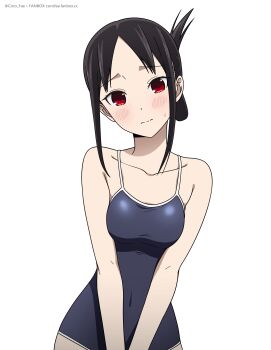 1girl bare_shoulders black_hair blue_one-piece_swimsuit blush breasts commentary coro_fae embarrassed english_commentary highres kaguya-sama_wa_kokurasetai_~tensai-tachi_no_renai_zunousen~ looking_at_viewer medium_breasts one-piece_swimsuit red_eyes school_swimsuit shinomiya_kaguya solo swimsuit