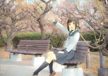 Rule 34 | 1girl, :d, anchor symbol, arm up, bench, black socks, blue neckerchief, blue skirt, blush, brown hair, commentary request, fence, from side, fubuki (kancolle), full body, green eyes, green sailor collar, grey shoes, hedge, kantai collection, kneehighs, loafers, long sleeves, looking at viewer, low ponytail, medium hair, neckerchief, open mouth, osaka (city), park bench, photo background, pleated skirt, ponytail, sailor collar, sakiecho, school uniform, serafuku, shirt, shoes, sidelocks, sitting, skirt, smile, socks, solo, tree, v, white shirt