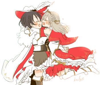 Rule 34 | 2girls, :d, a deru note, arms around another's waist, arms around neck, bare shoulders, black hair, cape, capelet, ceras yanagida lilienfeld, commentary request, dress, edel note, edelinien, feathers, glomp, gold tiara, grey hair, hat, hat feather, hug, kase (ks lys), katsuragi izumi, legs up, love live!, love live! hasu no sora jogakuin school idol club, multiple girls, mutual hug, open mouth, red cape, red capelet, red feathers, red hat, short dress, smile, twitter username, two-sided cape, two-sided fabric, two-sided headwear, virtual youtuber, white cape, white dress, white feathers, white hat