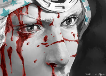 1boy blood blood_on_face close-up commentary_request dated eyelashes greyscale hat highres johnny_joestar jojo_no_kimyou_na_bouken male_focus monochrome nosebleed portrait realistic signature skyfiss solo spot_color star_(symbol) star_print steel_ball_run