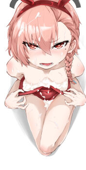 1girl absurdres blue_archive breasts cum cumdump highres neru_(blue_archive) neru_(bunny)_(blue_archive) nipples playboy_bunny small_breasts solo tangent3625 white_background