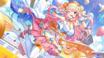 1girl ;d absurdres arm_strap balloon blonde_hair blue_sky boots bow bowtie breasts cloud commentary_request concert confetti copyright_name corset cropped_jacket day detached_collar double-parted_bangs double_bun double_v dress full_body gold_tiara gradient_hair hair_bun hands_up headset high_heel_boots high_heels highres hololive hololive_dreams jacket large_breasts long_hair looking_at_viewer miniskirt momosuzu_nene multicolored_hair nepolabo official_alternate_costume official_art one_eye_closed open_mouth orange_bow orange_bowtie pink_hair pink_skirt skirt skirt_under_dress sky sleeveless sleeveless_dress sleeveless_jacket smile solo thigh_boots v virtual_youtuber white_boots white_corset white_dress white_jacket wrist_cuffs