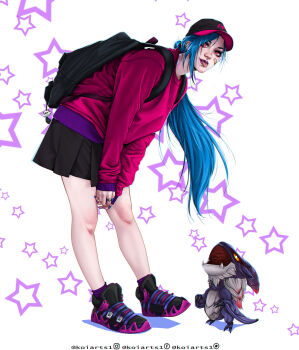1girl alternate_costume animal backpack bag bandaid bandaid_on_cheek bandaid_on_face baseball_cap black_bag black_headwear black_skirt blue_hair character_name ear_piercing grey_hair hat highres jinx_(league_of_legends) koiarts league_of_legends leaning_forward long_hair miniskirt nail_polish neck_tattoo open_mouth orange_eyes piercing pink_sweater shoes simple_background skirt star_(symbol) sweater tattoo tongue tongue_out tongue_piercing white_background