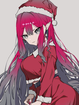 1girl absurdres baobhan_sith_(fate) breasts earrings fate/grand_order fate_(series) grey_eyes hat highres jewelry looking_at_viewer mochizuki_kei_(style) pink_hair pointy_ears red_hat santa_costume santa_hat sidelocks smile white_background xiaox096