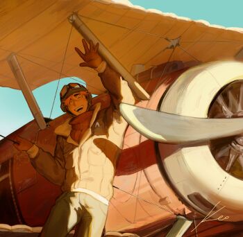 1boy absurdres aircraft airplane alternate_costume arm_up aviator_cap aviator_goggles blonde_hair blue_sky bomber_jacket commentary english_commentary feet_out_of_frame gloves goggles goggles_on_head grey_pants haikyuu!! hair_between_eyes hat highres jacket keo_chooo long_sleeves male_focus miya_atsumu pants scarf short_hair sky smile solo teeth triangle_mouth upper_teeth_only