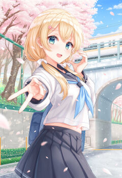 1girl absurdres aqua_eyes blonde_hair breasts bridge cherry_blossoms cherry_tree hair_ornament hair_ribbon hairclip highres long_hair looking_at_viewer medium_breasts midriff open_mouth original outdoors ribbon road scenery school_uniform serafuku skirt smile solo street train twintails uki_(kiw_kiu) v