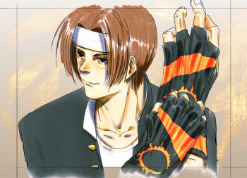 1boy adjusting_clothes adjusting_gloves black_gloves black_jacket brown_background brown_eyes brown_hair buttons collarbone cropped_torso curtained_hair fingerless_gloves gakuran gloves hands_up headband highres jacket kusanagi_kyou male_focus school_uniform shirt short_hair solo storyteller777 the_king_of_fighters white_headband white_shirt