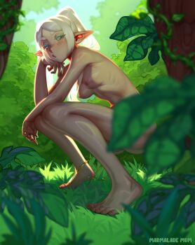 Rule 34 | 1girl, breasts, completely nude, convenient censoring, elf, exhibitionism, forest, frieren, grass, highres, looking at viewer, marmalade mum, nature, nipples, nude, outdoors, peeing, plant, pointy ears, public indecency, shade, solo, sousou no frieren, squatting, sunlight, tree, twintails, vines, white hair