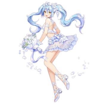 1girl ahoge artist_request bare_legs blue_dress blue_hair blue_one-piece_swimsuit blue_ribbon bouquet breasts bridal_swimsuit bride commentary commentary_request dress dress_flower dress_ribbon dress_swimsuit english_commentary falling_petals floating_hair flower frilled_dress frilled_one-piece_swimsuit frills full_body gloves hair_ribbon high_heels holding holding_bouquet king&#039;s_raid korean_commentary long_hair medium_breasts mixed-language_commentary official_alternate_costume official_art one-piece_swimsuit open_mouth petals ribbon second-party_source see-through_clothes see-through_dress see-through_one-piece_swimsuit shoes smile solo sonia_(king&#039;s_raid) swimsuit twintails wedding_dress white_dress white_flower white_gloves white_hair white_one-piece_swimsuit white_ribbon white_shoes white_streaks yellow_eyes