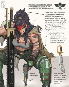 1girl abs arm_tattoo armor artist_logo artist_name astra_militarum black_hair blonde_hair breasts camouflage camouflage_pants catachan_jungle_fighter chainsword charm_(object) cigarette coat english_text explosive eyepatch fang fingerless_gloves gloves greaves grenade gun handgun highres knife large_breasts logo long_hair muscular muscular_female object_focus pants pauldrons ponytail prosthesis prosthetic_leg revolver scar scar_on_arm scar_on_face shoulder_armor shoulder_tattoo single_pauldron sitting skull smile smoking solo tank_top tattoo thick_thighs thighs warhammer_40k weapon zephart