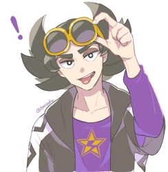 Rule 34 | !, 1boy, arm up, black eyes, bright pupils, collarbone, commentary request, cosplay, creatures (company), eyeshadow, eyewear on head, game freak, giacomo (pokemon), guzma (pokemon), guzma (pokemon) (cosplay), highres, jacket, looking at viewer, makeup, male focus, nintendo, nyoripoke, open mouth, pointy hair, pokemon, pokemon sm, pokemon sv, purple shirt, shirt, smile, solo, star (symbol), star print, sunglasses, teeth, tongue, tongue out, twitter username, upper body, upper teeth only, white background, white pupils, yellow-framed eyewear