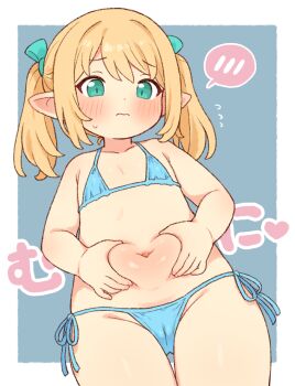 1girl belly_grab bikini blonde_hair blue_bikini blush bow cameltoe closed_mouth collarbone commentary cowboy_shot final_fantasy final_fantasy_xiv flat_chest green_bow green_eyes groin hair_bow lalafell loli medium_hair navel onyhakase pointy_ears side-tie_bikini_bottom small_sweatdrop solo speech_bubble spoken_blush string_bikini swimsuit thigh_gap twintails