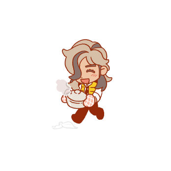 1boy :d absurdres arven_(pokemon) banana_peel closed_eyes clueless commentary_request cooking_pot hair_over_one_eye highres holding holding_cooking_pot long_sideburns male_focus mittens necktie nintendo open_mouth oven_mitts pokemon pokemon_sv purple_necktie sanmarino016 school_uniform sideburns smile solo uva_academy_school_uniform vest walking white_background yellow_vest